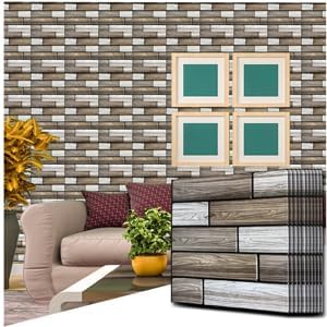 10PCS 3D Wall Panels Peel and Stick, Brick Pattern in Brown and Rust Tones Faux Stone Wall Panel Foam Brick Self-Adhesive Wallpaper (11.8in*11.8in) (Grey Wooden)