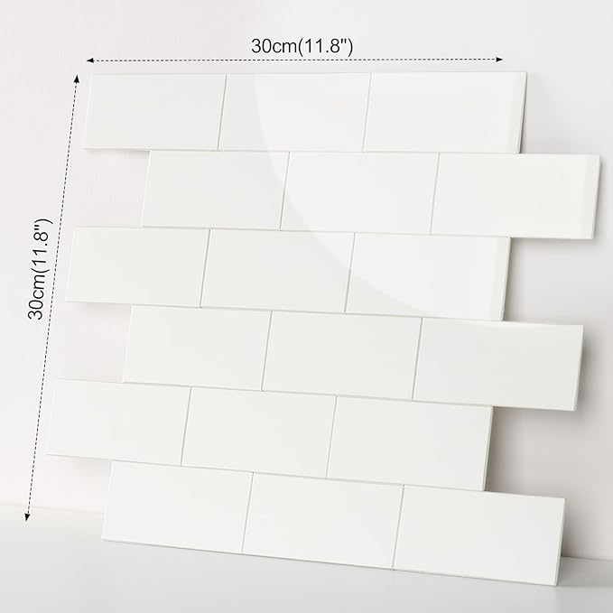 10-Pack Peel and Stick Tile Backsplash 12"X12" PVC Wall Tiles, Stick on Backsplash for Kitchen, Bathroom Tile, Fireplace Décor, Laundry Table, Stair Decals in Polished Cream White