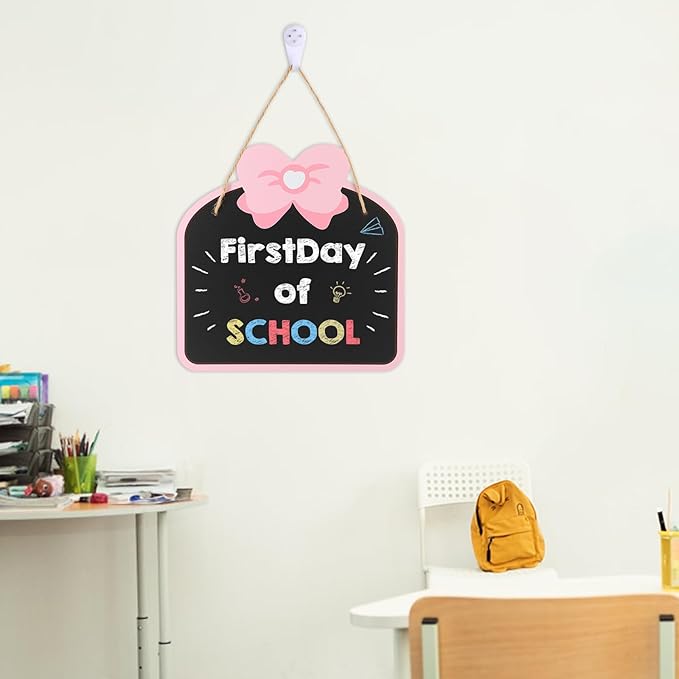 12‘’×12‘’ Wooden Double Sided Hanging Chalkboard Sign, Erasable Kids Chalkboard with Hanging String, 4 Chalks, 2 Hooks,1 Eraser, Message Blackboard Sign for Store Classroom Office Outdoor (Bowknot)