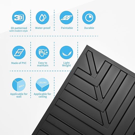 Art3d 12-Pack Drop Ceiling Tiles 2x2 FT, PVC 3D Textured Panels for Interior Wall Decor Living Room Bedroom Office, 24x24 Inch, Black