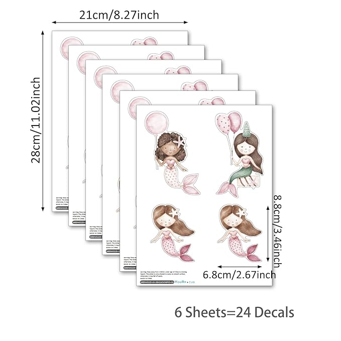 YouRfocus Mermaid Wall Decals | 24 PCS Boho Mermaid Stickers for Girls' Rooms, Playrooms, and Nurseries | Dual Layer Print for High Coverage | Removable Peel and Stick Wall Decor (Pink) | 6 Sheets