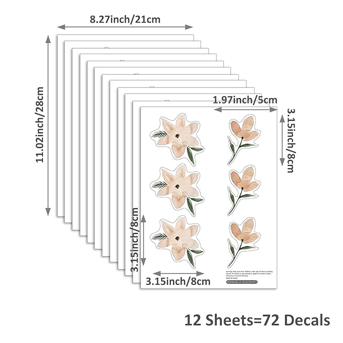 YouRfocus Daisy Wall Decals | 72 PCS Boho Flower Stickers for Girls' Rooms, Playrooms, Nurseries | Dual Layer Print for High Coverage | Removable Peel and Stick (Orange)| 12 Sheets