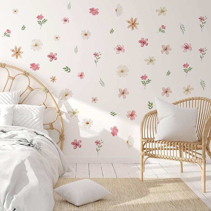 YouRfocus Daisy Watercolor Wall Decals | 34 PCS Boho Flower Stickers for Girls' Rooms, Playrooms, and Nurseries | Dual Layer Print for High Coverage | Removable Peel and Stick Wall Decor | 6 Sheets