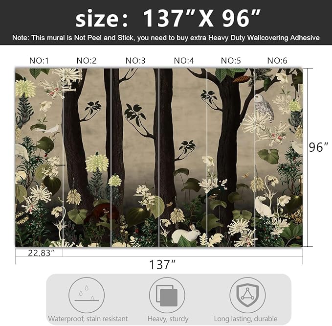 YIHWM -Tropical Botanical Birds and Flowers Dark Backdrop Large Fabric Wallpaper Plant Animals Jungle Bedroom Bathroom Wall Mural- 137"x96"( not Peel and Stick)
