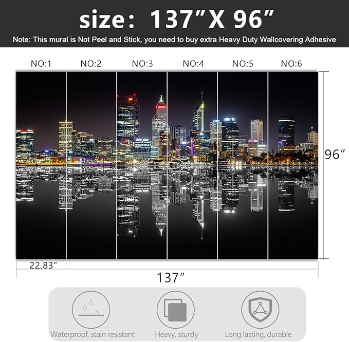 YIHWM -City Night View Backdrop Large Fabric Wallpaper Living Room Bedroom Bathroom Wall Mural- 137"x96"( not Peel and Stick)