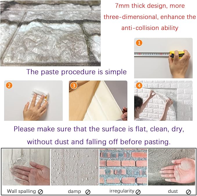 Yutianli 7mm Thick Anti-Collision self Adhesive 3D Wall Panels Peel and Stick,10-Pack 57 Sq.Ft Antique Foam Wall Panel Faux Brick Wall Panels Faux Stone Wall Panels for Bedroom (10, Style G)