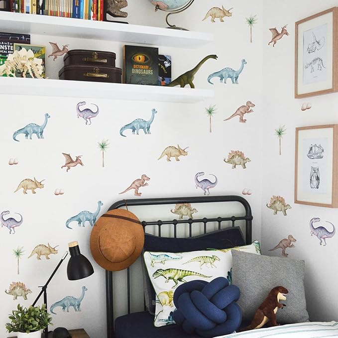 YouRfocus Dinosaur Wall Decals, Animal Boys Bedroom Wall Stickers 48 Decals, Removable Decor Peel and Stick Nursery Kids Room Playroom Vinyl Murals DIY Decorations (6 Sheets)