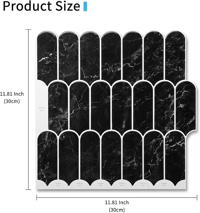 Art3d 10-Sheet Peel and Stick Kitchen Backsplash Tile, Vinyl Stick On Wall Tile Sticker for Bathroom Laundry Room Back Splashes, 12"x12" Black Marble