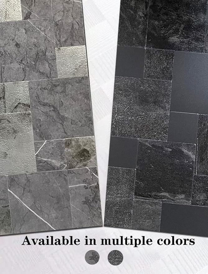 YMMXGE 10-Sheet Peel and Stick Backsplash Stone Tiles, Brushed Aluminum PVC Surface Metal Mosaic Sticker for Kitchen Wall (11.81"x11.81"Per Sheet) (10, Dark Gray Pattern)