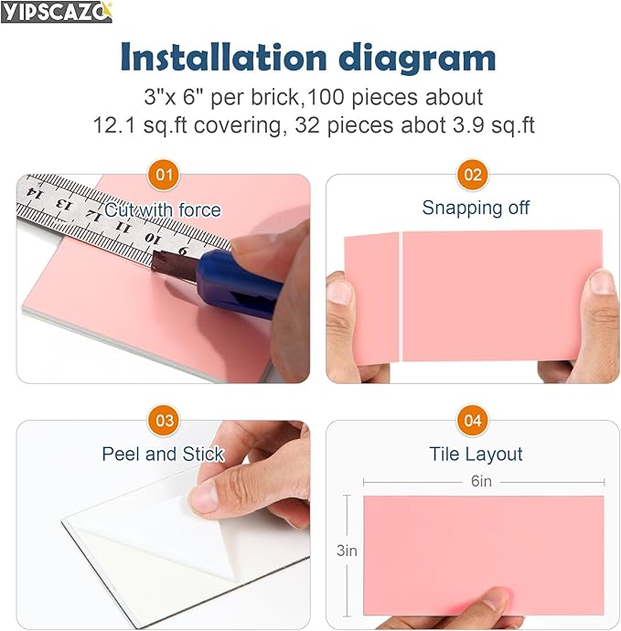 Yipscazo Peel and Stick backsplash 3 x 6 Inches 3D PVC Composite Wall Tile Stick on Backsplash Tile for Kitchen Bathroom, Laundry Room, Fireplace(Pink, 160 Pieces)