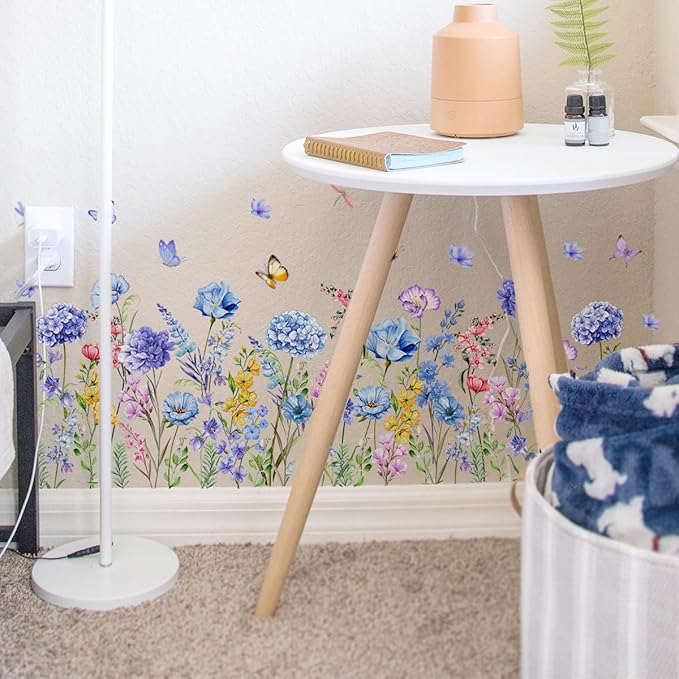 2 Pieces Purple Flowers Wall Decals Vinyl Hydrangea Wall Stickers Removable Floral Art Murals Peel and Stick Colorful Butterfly Decor for Girls Bedroom Living Room Nursery