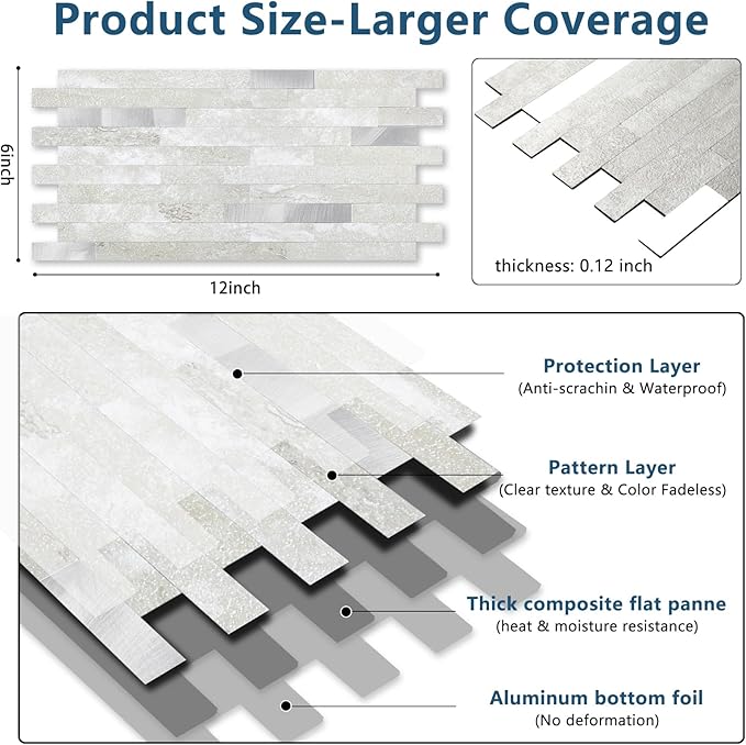 Yipscazo 40 Sheets Peel and Stick Stone Metal Backsplash, PVC Wall Tiles Stick on Tiles for Backsplash Kitchen, Bathroom, Laundry Room, Camper, Fireplace (6'' X 12'', Gray Beige)