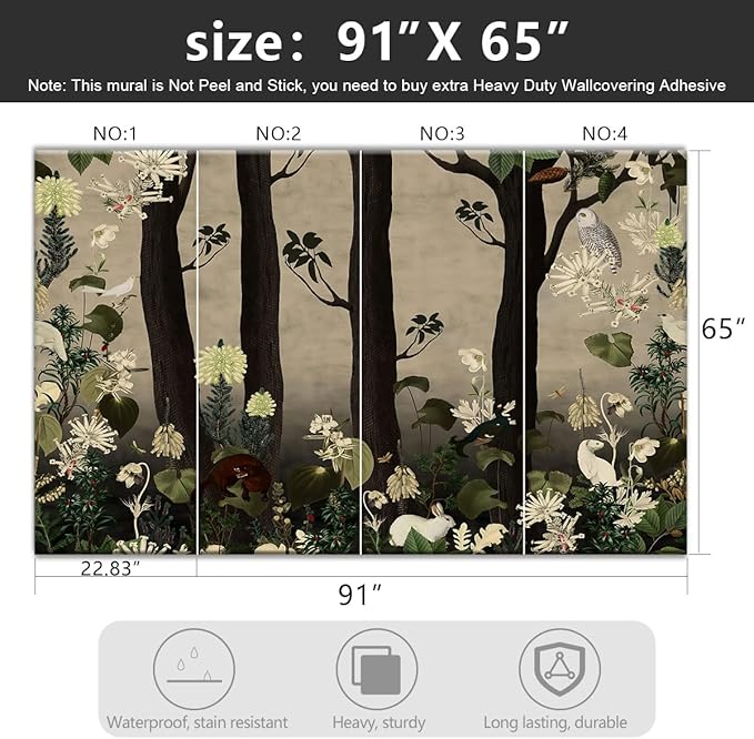 YIHWM -Tropical Botanical Birds and Flowers Dark Backdrop Large Fabric Wallpaper Plant Animals Jungle Bedroom Bathroom Wall Mural- 91"x65"( not Peel and Stick)