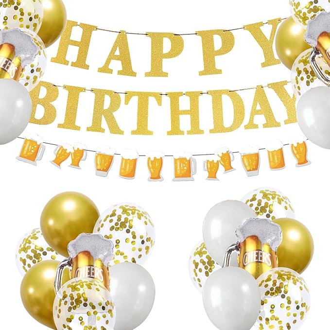 ZHENGYE Gold Birthday Party Decorations Set Beer Happy Birthday Banner Beer Balloons Latex Balloon Beer Themed Party for Men Women Birthday Party Decorations Supplies