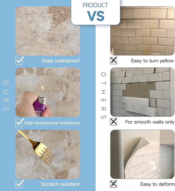 10-Pack Peel and Stick Tile Backsplash 12"X12" PVC Wall Tiles, Stick on Backsplash for Kitchen, Bathroom Tile, Fireplace Décor, Laundry Table, Stair Decals in Ecru Stone