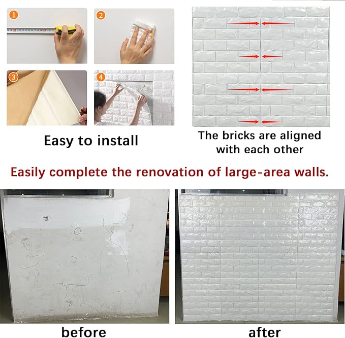 YU LI 3DH 3D Wall Panels Peel and Stick 30PCS White Foam Brick Wallpaper for Bedroom Faux Stone Wall Panel Self-Adhesive Wallpaper (30PCS-29 Sq Ft, White)