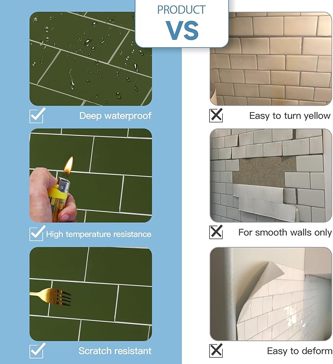 10-Pack Peel and Stick Tile Backsplash 12"X12" PVC Wall Tiles, Stick on Backsplash for Kitchen, Bathroom Tile, Fireplace Décor, Laundry Table, Stair Decals in Polished Green