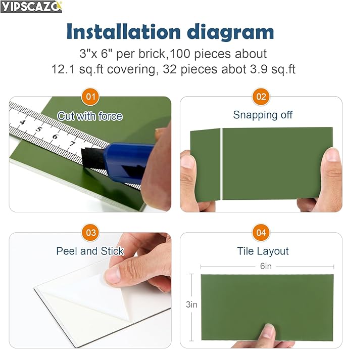 Yipscazo Peel and Stick backsplash 3 x 6 Inches 3D PVC Composite Wall Tile Stick on Backsplash Tile for Kitchen Bathroom, Laundry Room, Fireplace(Green, 160 Pieces)