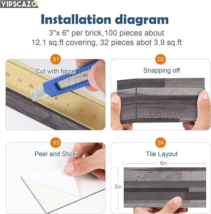 Yipscazo Peel and Stick backsplash 3 x 6 Inches 3D PVC Composite Wall Tile Stick on Backsplash Tile for Kitchen Bathroom, Laundry Room, Fireplace(Black Wood, 32 Pieces)