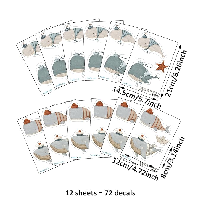 Whale Wall Decals – 36 Decals, Ocean Theme Nursery Wall Stickers for Kids Room, Removable & Reusable Sea Animal Decor for Walls, Furniture, Doors, Glass (12 Sheets)