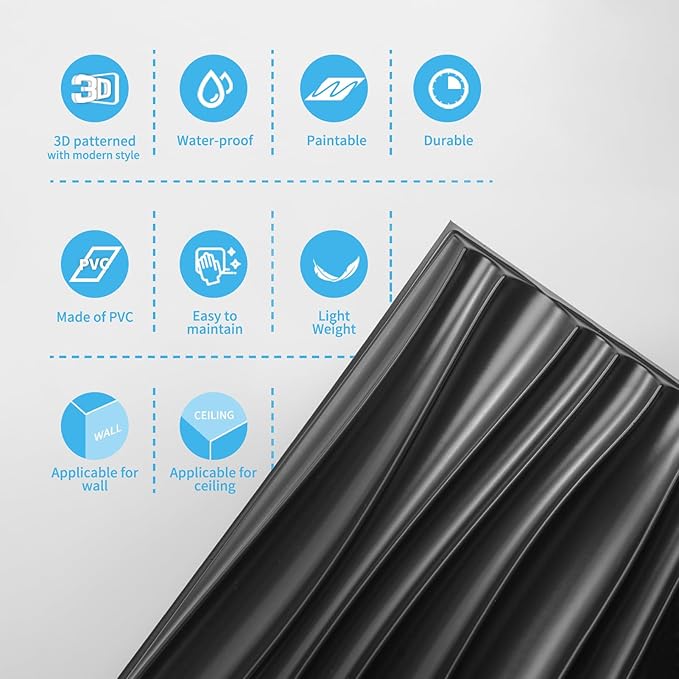 Art3d 24-Pack 3D Wall Panels for Interior Home Décor, PVC Wavy Textured Accent Wall Paneling for Living Room Bedroom TV Backdrop Office, 15.7 x 11.8 Inch - Black