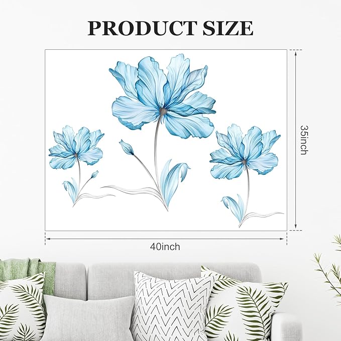 Zonon 6 Pcs Flowers Wall Decals Stickers Vinyl Removable Peel and Stick Colorful Dragonflies Floral Wall Murals Decor for Bedroom Living Room Nursery(Blue Flower)