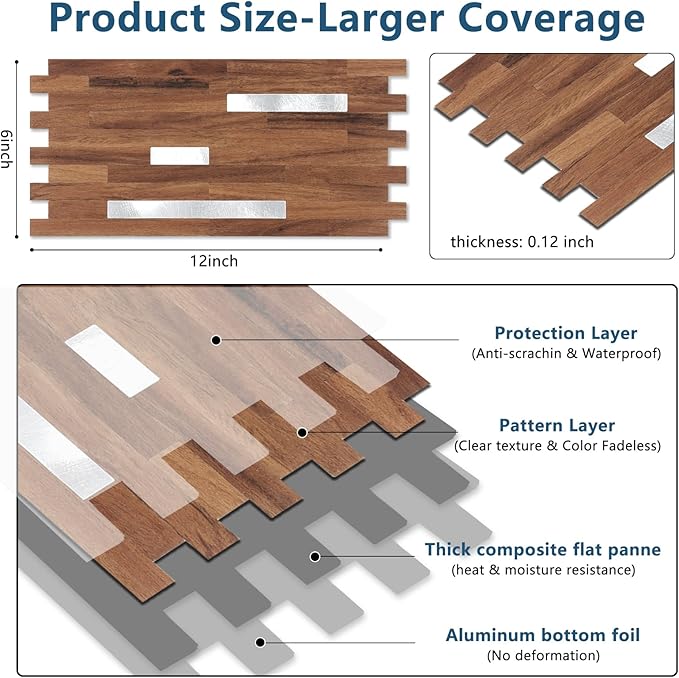 Yipscazo 20 Sheets PVC Wall Tiles Stick on Tiles for Backsplash Kitchen, Bathroom, Laundry Room, Camper, Fireplace (6'' X 12'', Brown Wood)