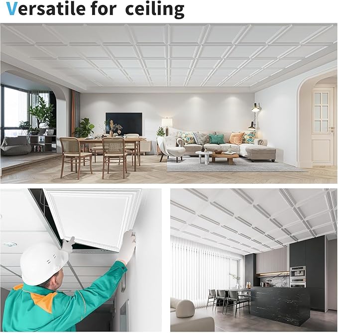 Art3d 12-Pack Drop Relief Ceiling Tiles for Home, Office & Commercial Space, 24 x 24in PVC Waterproof 3D Wall Panels Cover 48 Sq. Ft, White