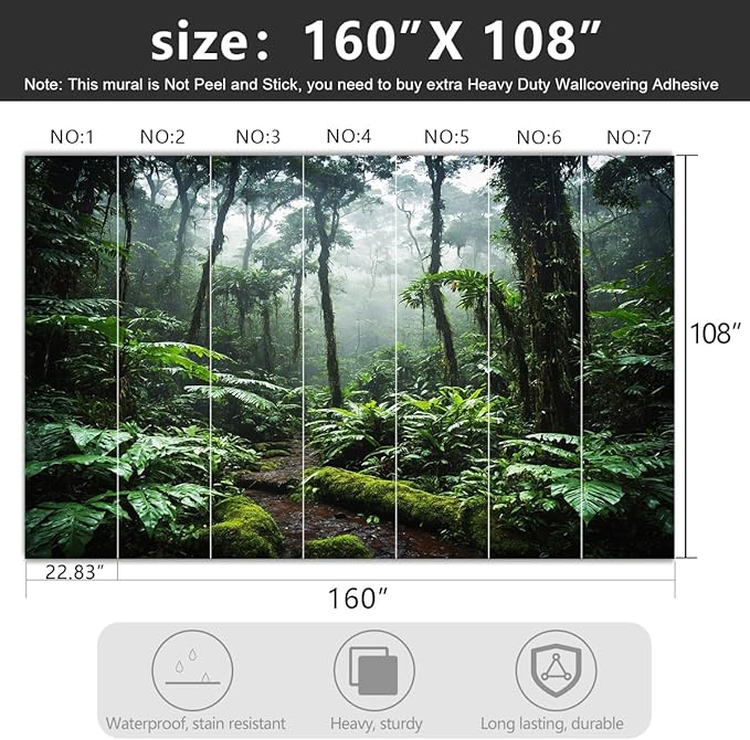 YIHWM -Tropical Rainforest Forest Backdrop Large Fabric Living Room Wallpaper Green Jungle Bedroom Bathroom Wall Mural- 160"x108"( not Peel and Stick)