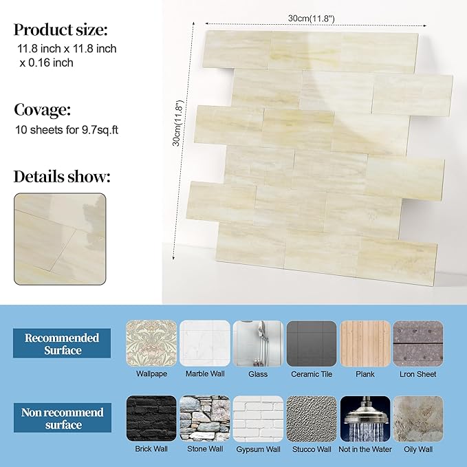 20-Pack Peel and Stick Tile Backsplash 12"X12" PVC Wall Tiles, Stick on Backsplash for Kitchen, Bathroom Tile, Fireplace Décor, Laundry Table, Stair Decals in Light Orange