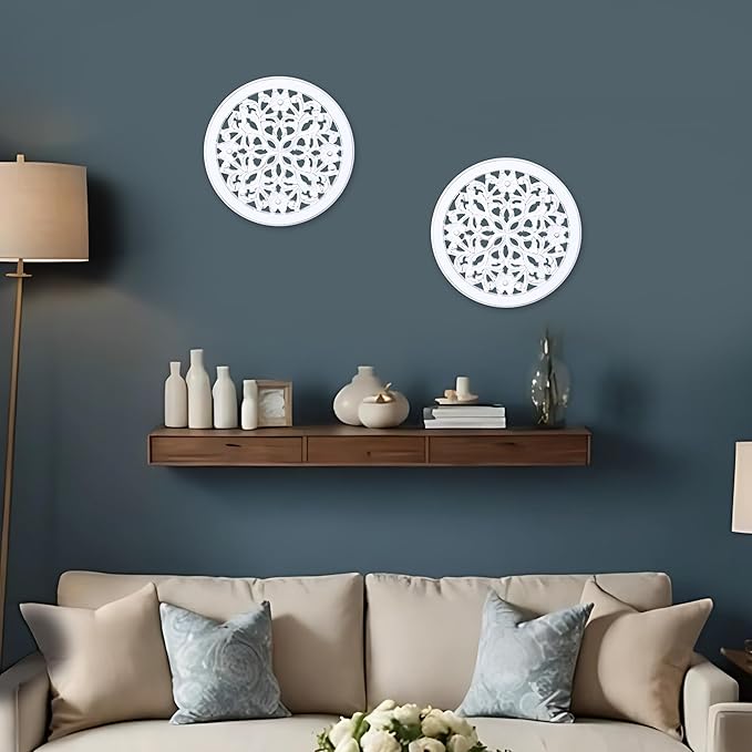 Woodify Hand-Carved Wooden Wall Décor – Set of 2, 12" x 12" Decorative Wood Panels, Floral Design, White Antique Finish, Wall Art for Living Room & Home Décor