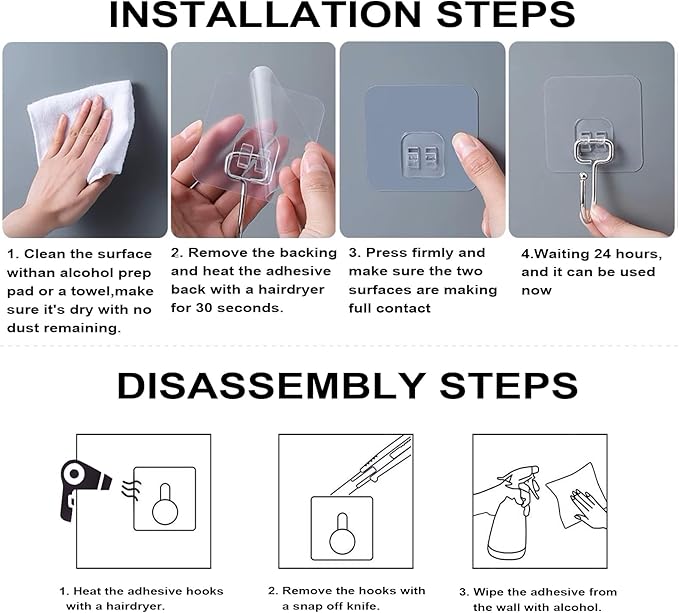 ZESLMG Large Adhesive Hooks for Hanging, 12 Pack Self Sticky Wall Hooks Heavy Duty 15lb Clear, Removable Shower Hook No Damage for Towel Key Coat Wreath Picture Outdoor Bathroom Kitchen, Waterproof