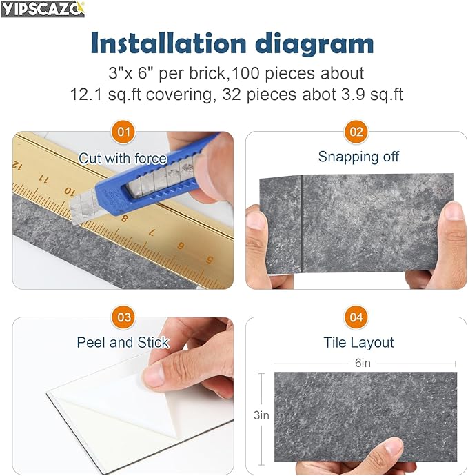 Yipscazo Peel and Stick backsplash 3 x 6 Inches 3D PVC Composite Wall Tile Stick on Backsplash Tile for Kitchen Bathroom, Laundry Room, Fireplace(Stone Black, 32 Pieces)