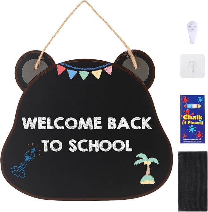 12‘’×10‘’ Wooden Double Sided Hanging Chalkboard Sign, Erasable Kids Chalkboard with Hanging String, 4 Chalks, 2 Hooks,1 Eraser, Message Blackboard Sign for Store Classroom Office Outdoor (Bear)