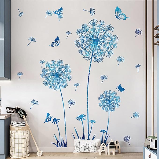 Arawat 2 Set Dandelion Wall Decals - Blue Flower Stickers, Murals, Butterflies Decor for Bedroom, Office, Bathroom, Living Room - Floral Removable Peel and Stick Room Decoration