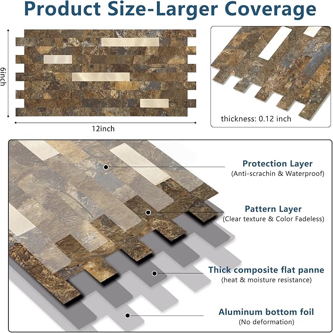 Yipscazo 20 Sheets Peel and Stick Stone Metal Backsplash, PVC Wall Tiles Stick on Tiles for Backsplash Kitchen, Bathroom, Fireplace (6'' X 12'', Rustic)