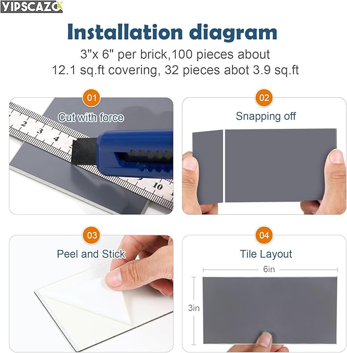 Yipscazo Peel and Stick backsplash 3 x 6 Inches 3D PVC Composite Wall Tile Stick on Backsplash Tile for Kitchen Bathroom, Laundry Room, Fireplace(Gray, 100 Pieces)