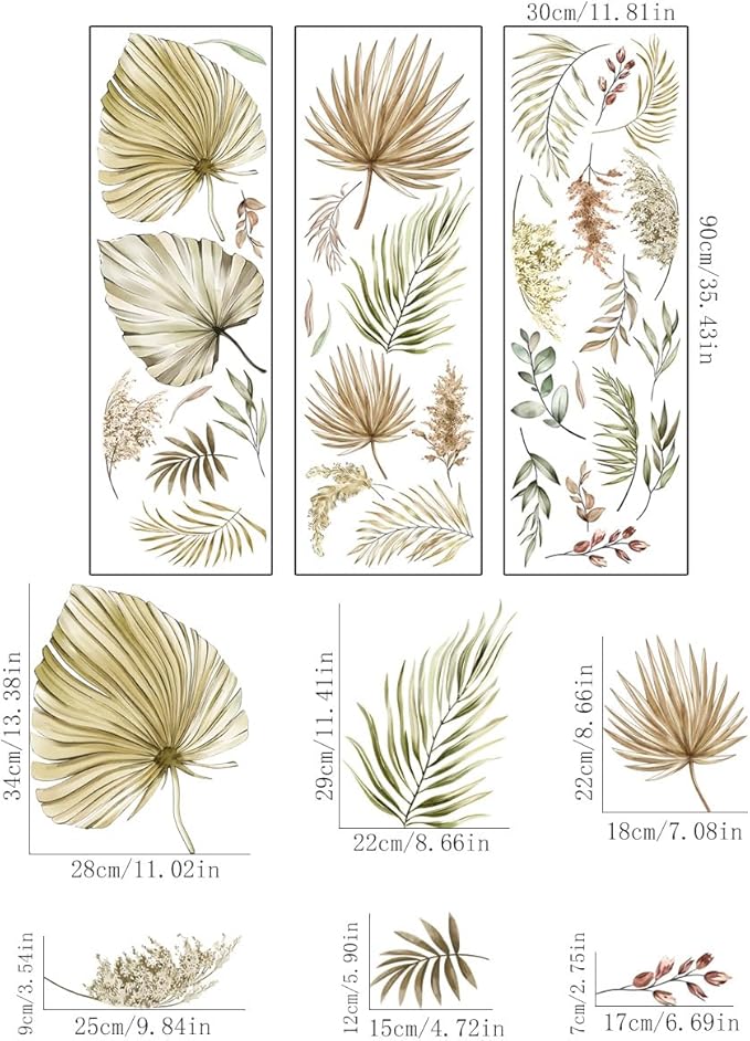 Yeysynana Wall Decals Boho Palm Leaf Wall Stickers Removable Tropical Palm Leaves Wall Art Decals for Bedroom Living Room Sofa TV Background Home Decor