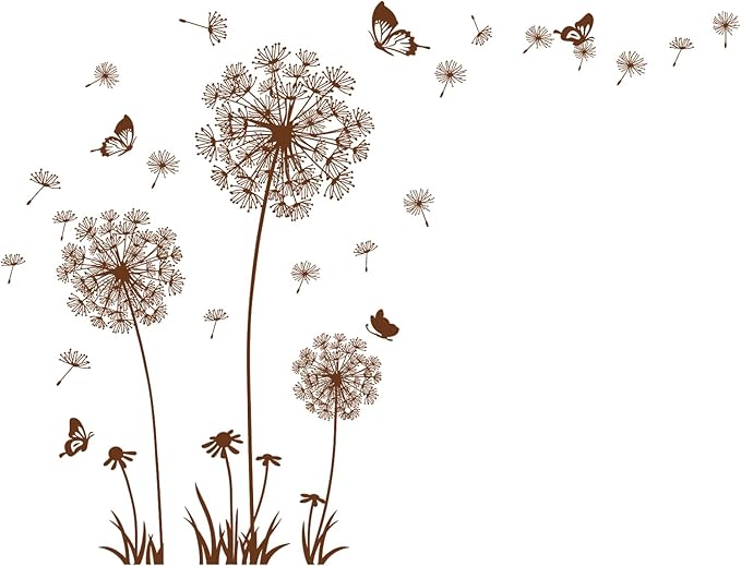 2 Sheets Dandelion Wildflower Wall Decals Art, Wall Art Stickers Peel and Stick Floral Butterflies Flying Decor for Girls Kids Women Baby Nursery Living Room Bedroom Bathroom Hallway Stairwell (Brown)