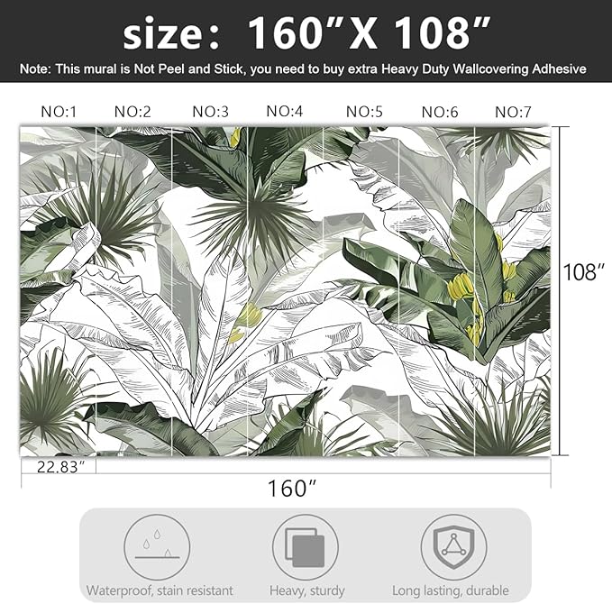 YIHWM -Tropical Botanical Banana Leaf Large Backdrop Fabric Wallpaper Leaf Living Room Bedroom Bathroom Wall Mural- 160"x108"( not Peel and Stick)