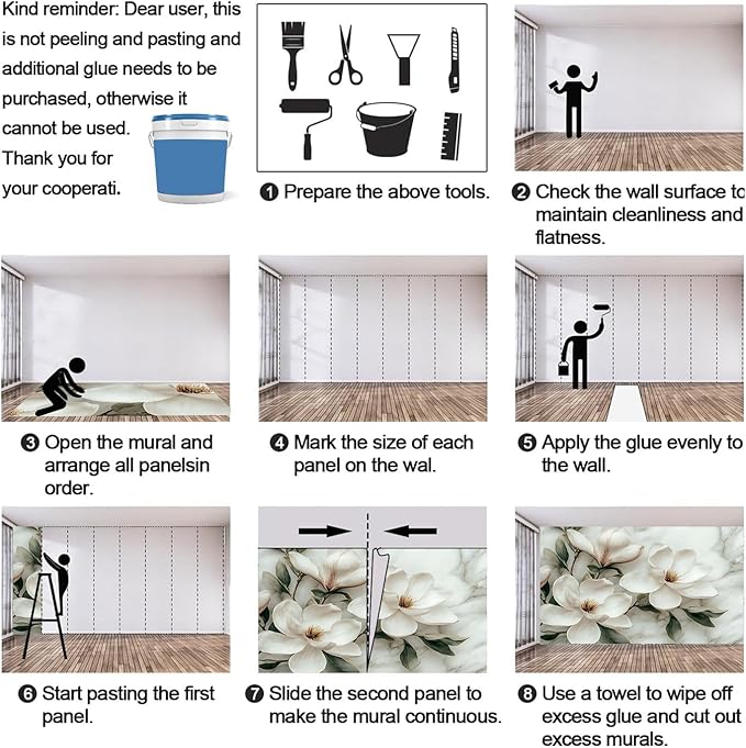 White Magnolia Flower Wall Mural, Vintage Floral Art Mural Wallpaper, Abstract Gray and White Marble Texture Large Wallpaper for Bedroom Living Room Wall Decor 110" W x 79" H