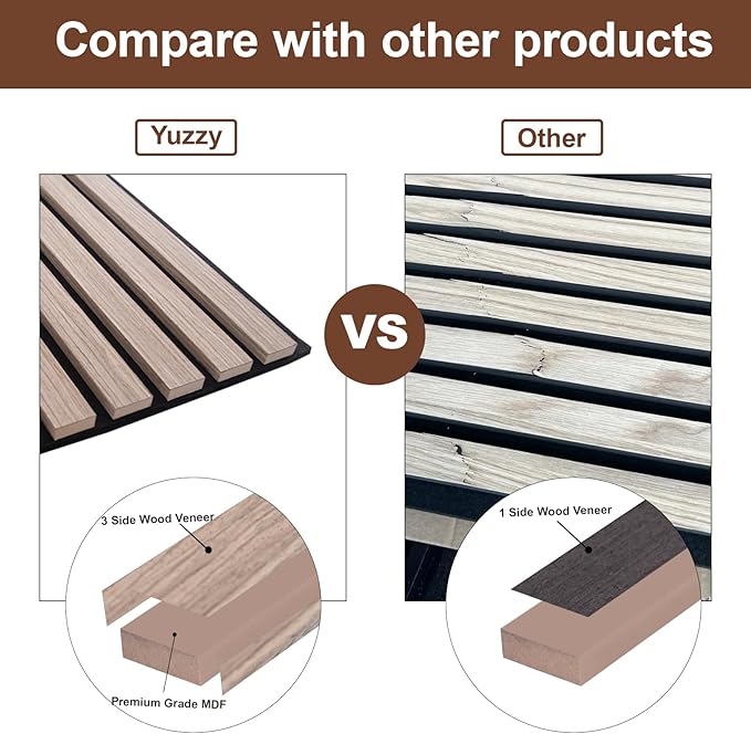 Yuzzy Wood Panels for Wall and Ceiling - 108 x 11 Inch Wood Slat Acoustic Panels 4 PCS - Modern Sound Absorbing Wall Panels for Interior Wall Decor for Home, Office, Studio - Rustic Walnut