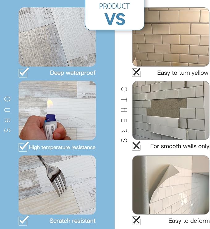 5-Pack Peel and Stick Tile Backsplash 12"X12" PVC Wall Tiles, Stick on Backsplash for Kitchen, Bathroom Tile, Fireplace Décor, Laundry Table, Stair Decals in Vintage Wood Grain