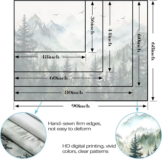 Zussun Misty Forest Mountain Tapestry Sage Green Nature Pine Tree Tapestry for Bedroom Aesthetic Watercolor Foggy Woodlands Birds Landscape Tapestries Wall Hanging for Living Room Dorm 80 x 60 Inch