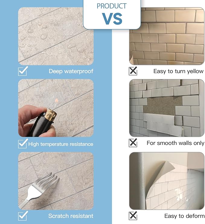 5-Pack Peel and Stick Tile Backsplash 12"X12" PVC Wall Tiles, Stick on Backsplash for Kitchen, Bathroom Tile, Fireplace Décor, Laundry Table, Stair Decals in Beige Stone Rocks