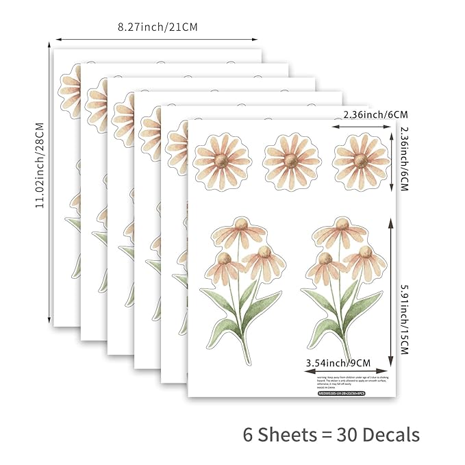 YouRfocus Daisy Wall Decals | Boho Flower Stickers for Girls' Rooms, Playrooms, Nurseries | Dual Layer Print for High Coverage | Removable Peel and Stick (Light Purple & Orange) | 6 Sheets