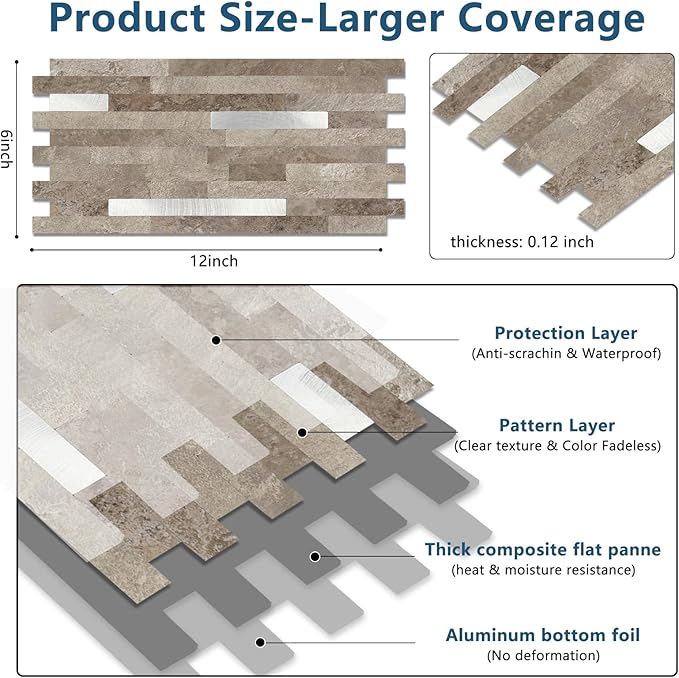 Yipscazo 20 Sheets PVC Wall Tiles Stick on Tiles for Backsplash Kitchen, Bathroom, Laundry Room, Camper, Fireplace (6'' X 12'', Brownish Stone)