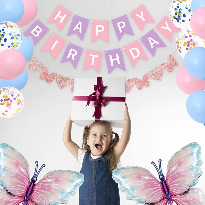 ZHENGYE Pink Blue Party Decorations Set Butterfly Happy Birthday Party Banner Butterflys Balloons Latex Balloon Butterfly Themed Party Women Girls Baby Shower Birthday Party Decoration Supplies