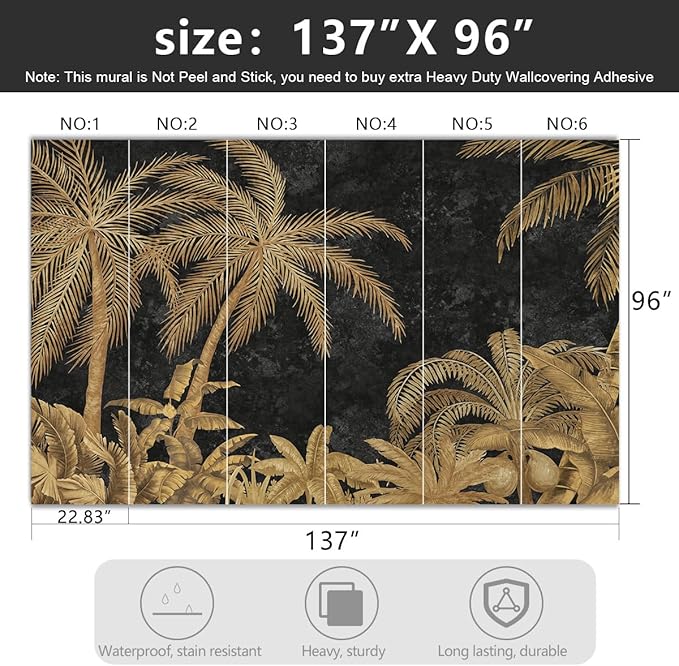 YIHWM -Gold Palms Botanical Backdrop Large Fabric Wallpaper Retro Tropical Plant Bedroom Bathroom Wall Mural- 137"x96"( not Peel and Stick)