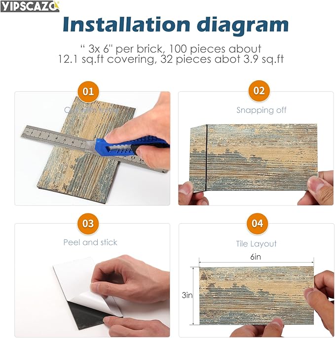 Yipscazo Peel and Stick backsplash 3 x 6 Inches 3D PVC Composite Wall Tile Stick on Backsplash Tile for Kitchen Bathroom, Laundry Room, Fireplace(Rustic Wood, 160 Pieces)
